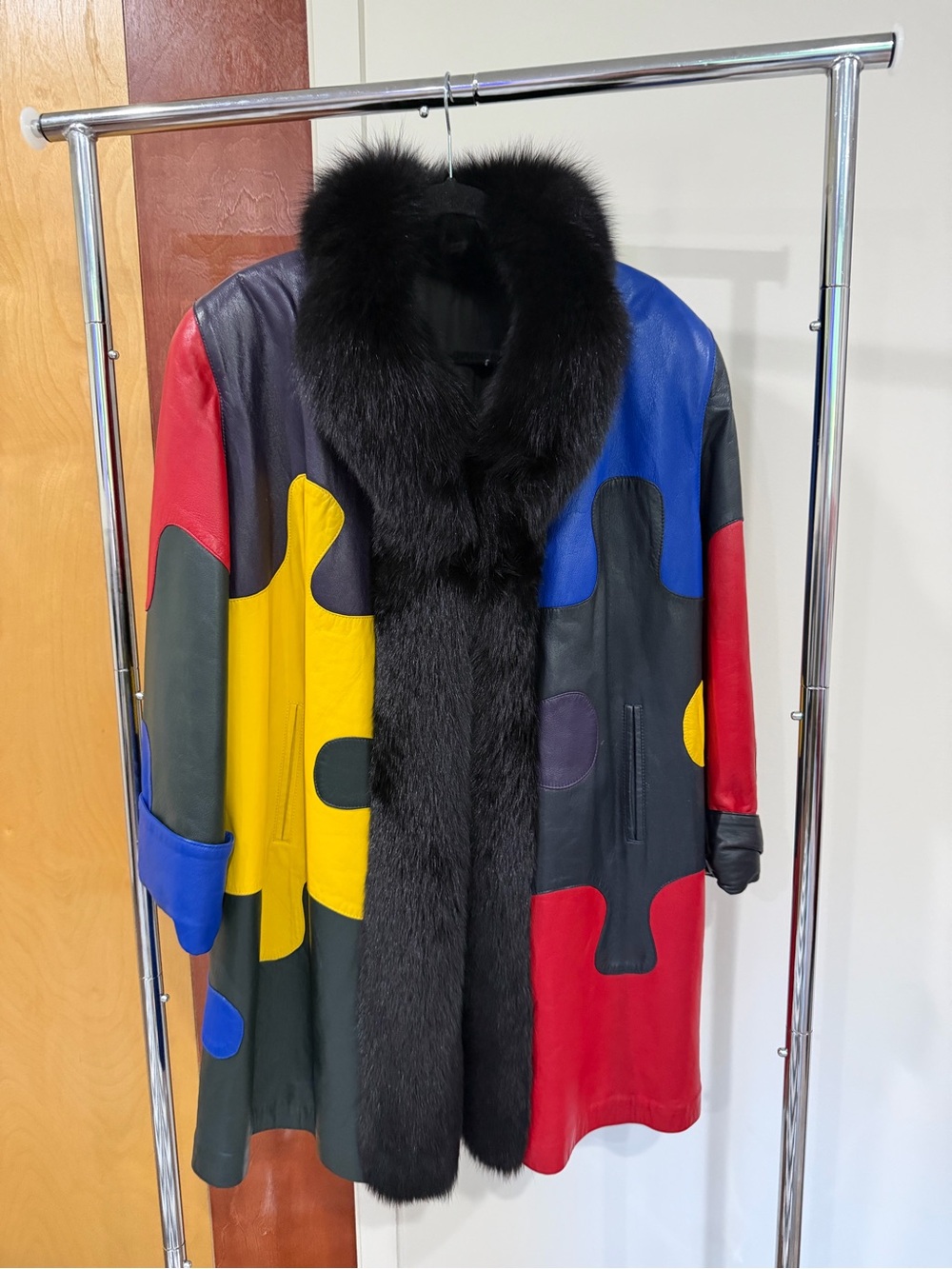 Unique Vintage Multicolored Leather Puzzle Patchwork Fur Collar Trims Coat M